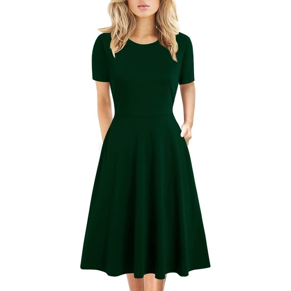 Women's Green Elegant Knee Length Vintage A-Line Swing Dress with Pockets